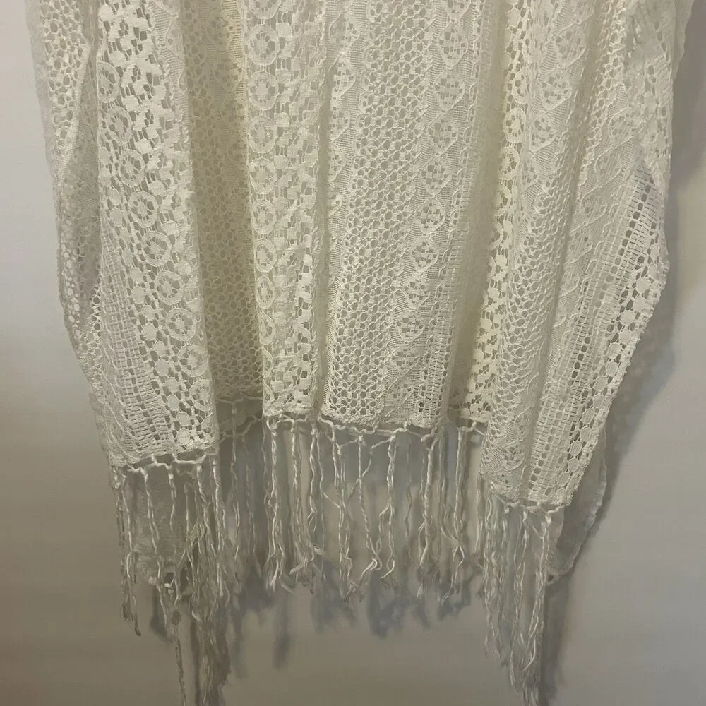 Express Kimono Poncho Lace Cover-Up Fringe Cream Womens OS Coastal Beach Boho
